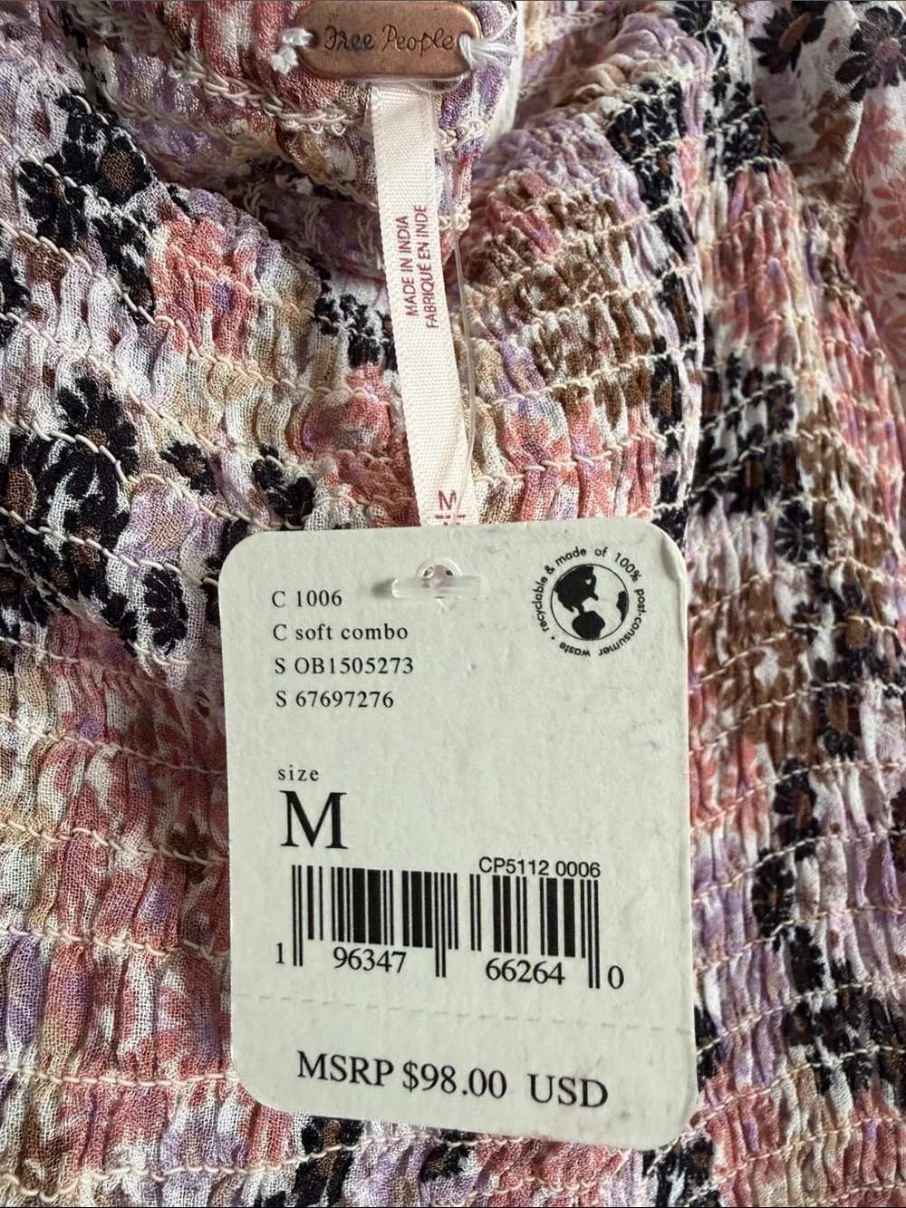 NWT Free People Pink Multi Floral Smocked Peasant Blouse